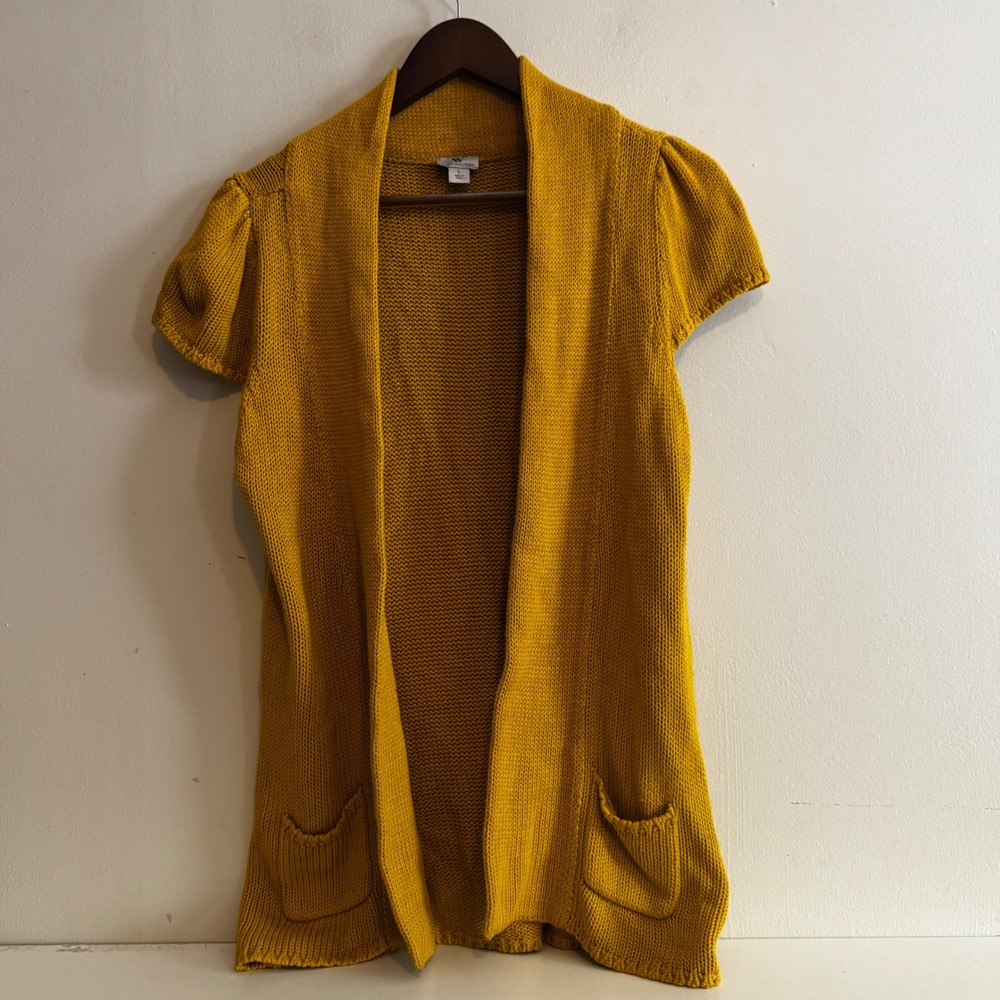 Women's Sz Lg Mustard Yellow Short Sleeve Knit Cardigan Vest Cotton Fall Layers